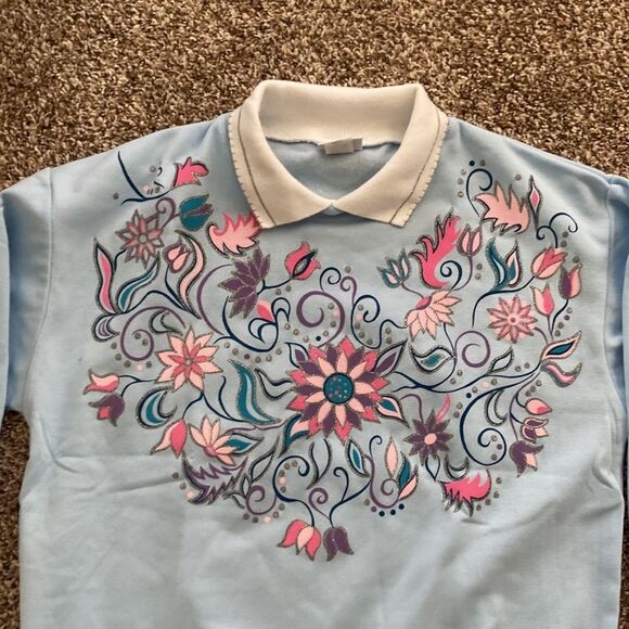 Vintage 80s 90s Haband For Her Collared Floral Blue Sweatshirt Small - Picture 7 of 11